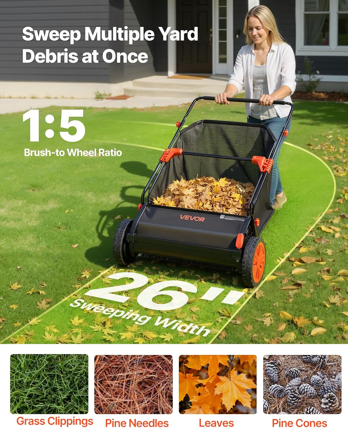 VEVOR Push Lawn Sweeper 26 in Leaf & Grass Collector 7 cu. ft. Hopper Bag photo 2